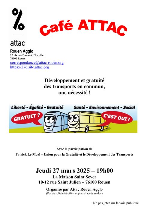 Café ATTAC Rouen agglo : Développement et gratuité des transports en commun, une nécessité  !