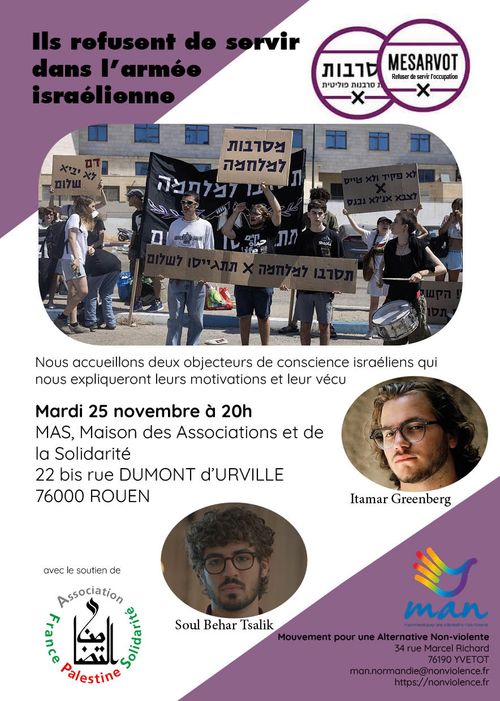 Conférence avec 2 Objecteurs de conscience israéliens le 25 novembre à 20h à la MAS