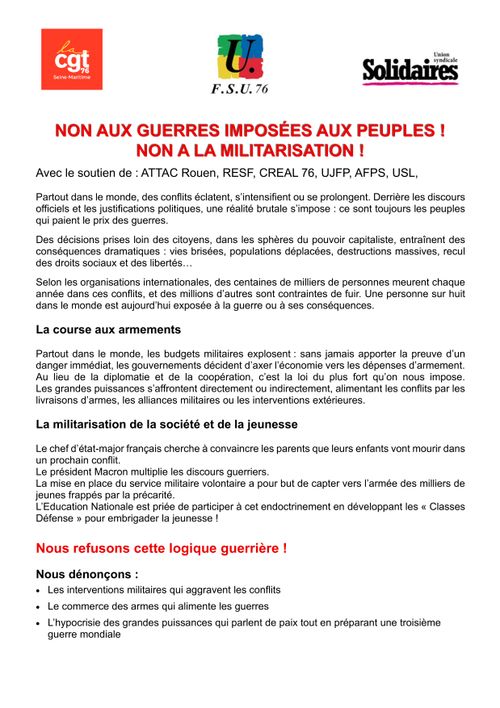 NON AUX GUERRES IMPOSÉES AUX PEUPLES ! NON A LA MILITARISATION !