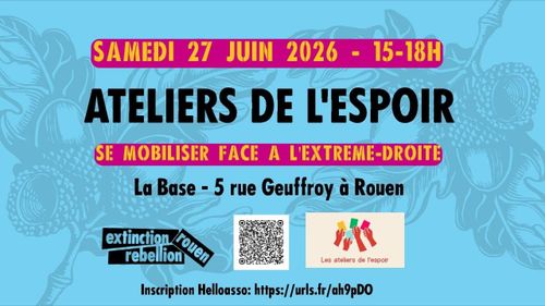 Atelier de l'espoir : Qu’est-ce que le fascisme ?  Qu'est-ce qu'une démocratie ?  Que pouvons nous faire pour la défendre face à la montée du fascisme ?  L'espoir est possible !  De nombreuses luttes historiques ont prouvé que rien n'était inéluctable. De nombreuses structures montrent aujourd'hui la voie d'un renouveau démocratique. 